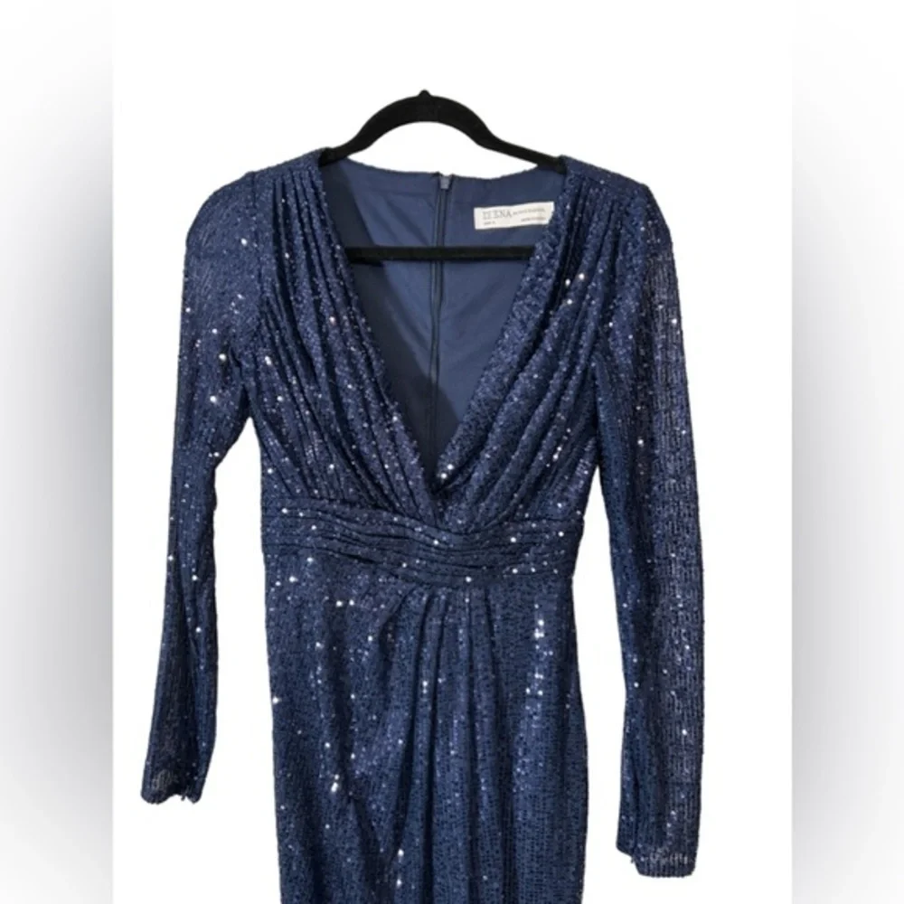 Mac Duggal Sequined long sleeve midi dress prom formal‎ midnight blue size 0